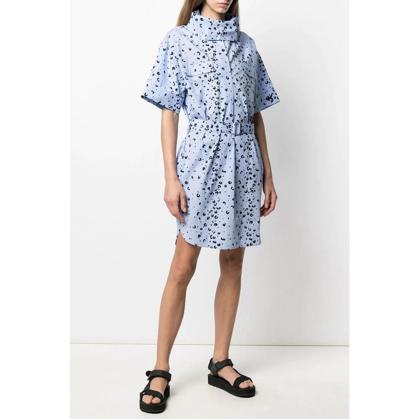 Kenzo Women's 38 Medium Blue Leopard Print Cotton Belted Shirt Mini Dress H25-10